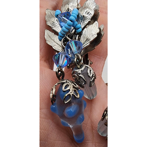 Hobe Silver Grape Leaf Glass Bead Crystal Earrings Dangle Vintage Signed Clip - Picture 11 of 16